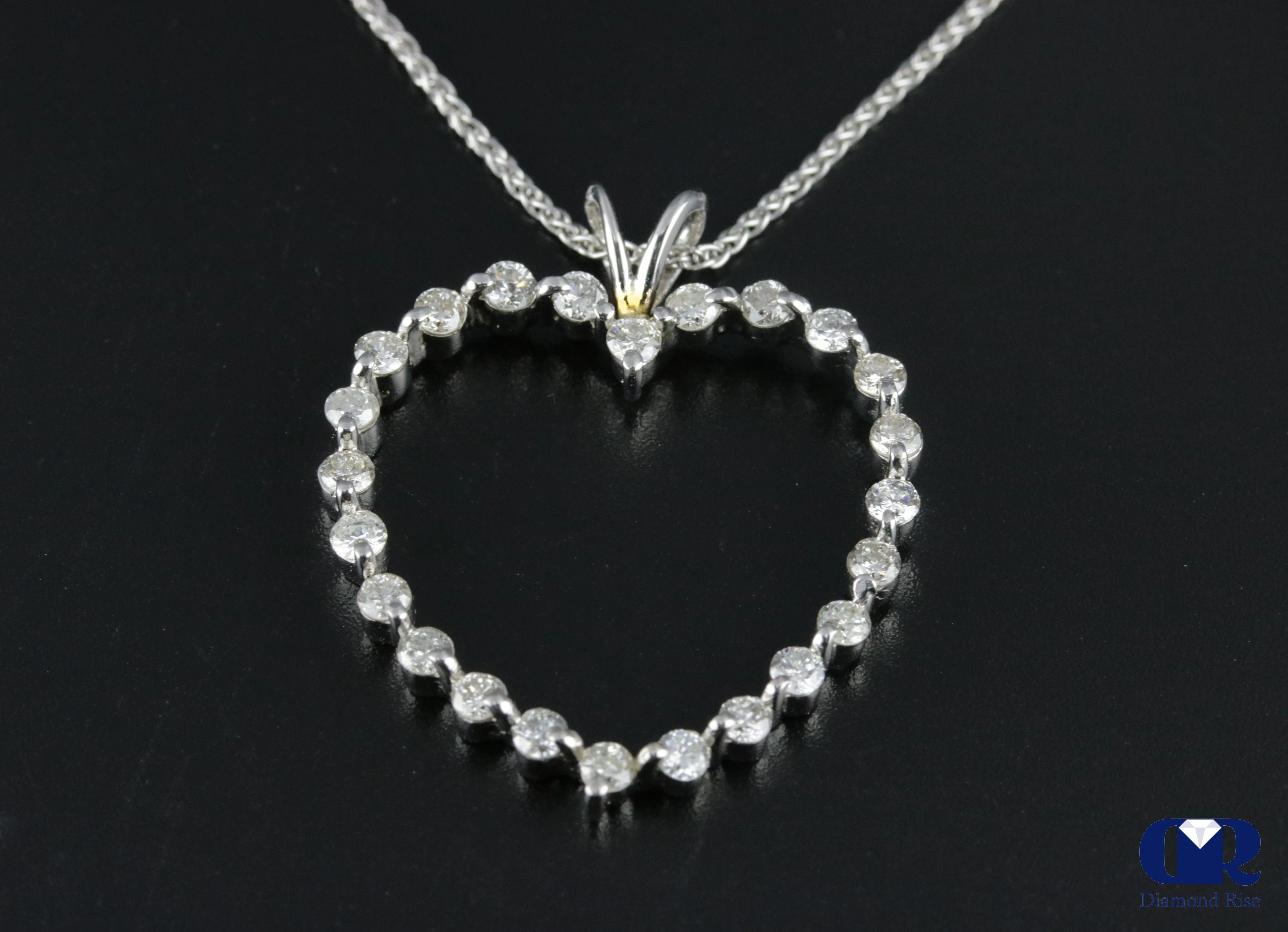 1.00 Carat Round Cut Diamond Open Heart Pendant Necklace 14K White Gold 16" Chain