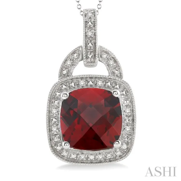 10x10 MM Cushion Shape Garnet and 1/20 Ctw Single Cut Diamond Pendant in Sterling Silver with Chain