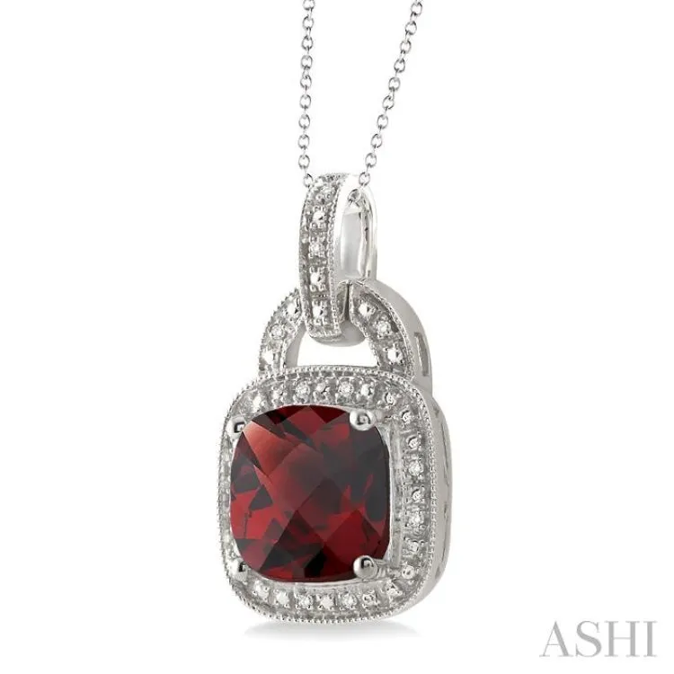 10x10 MM Cushion Shape Garnet and 1/20 Ctw Single Cut Diamond Pendant in Sterling Silver with Chain