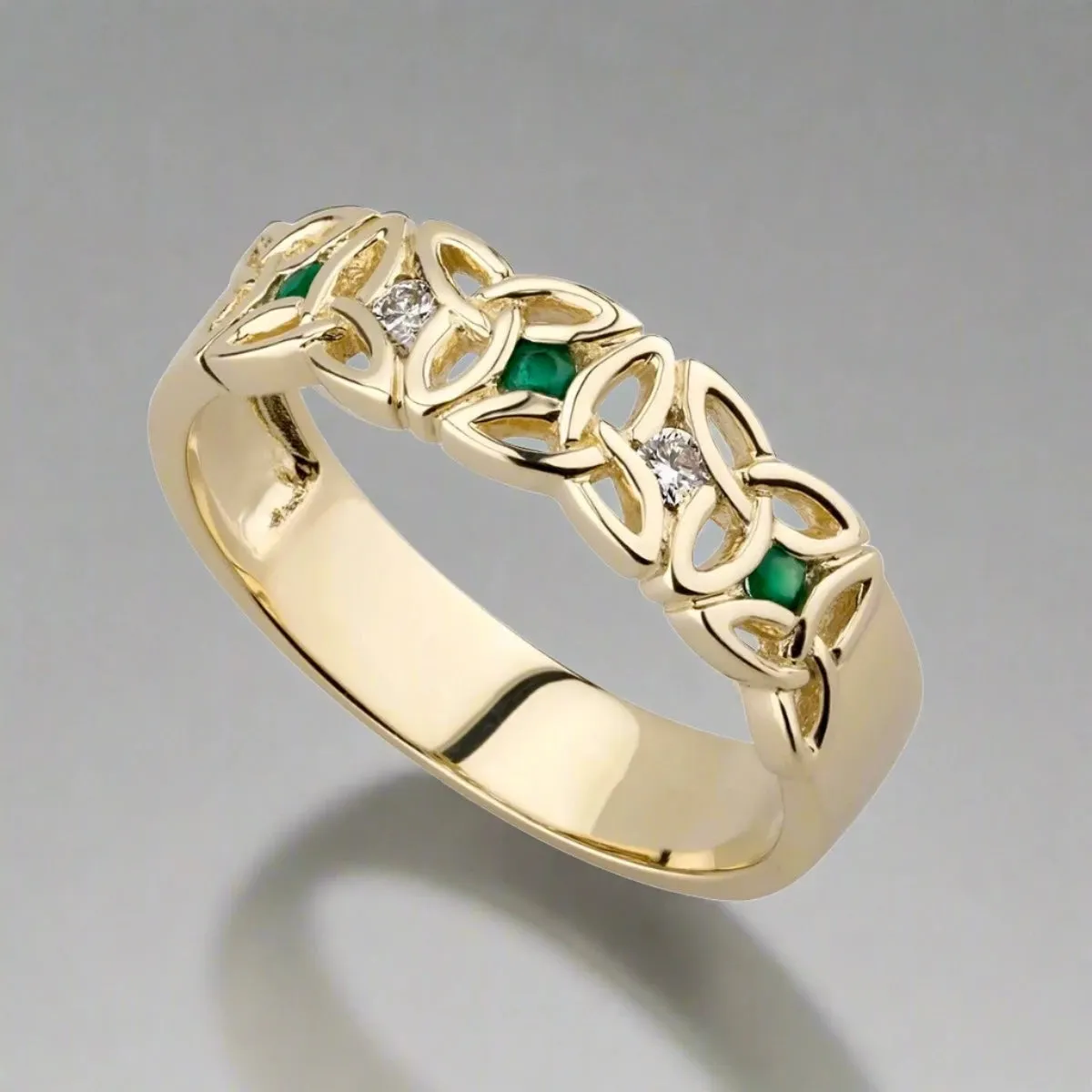 14k Gold Diamond Emerald Trinity Ring