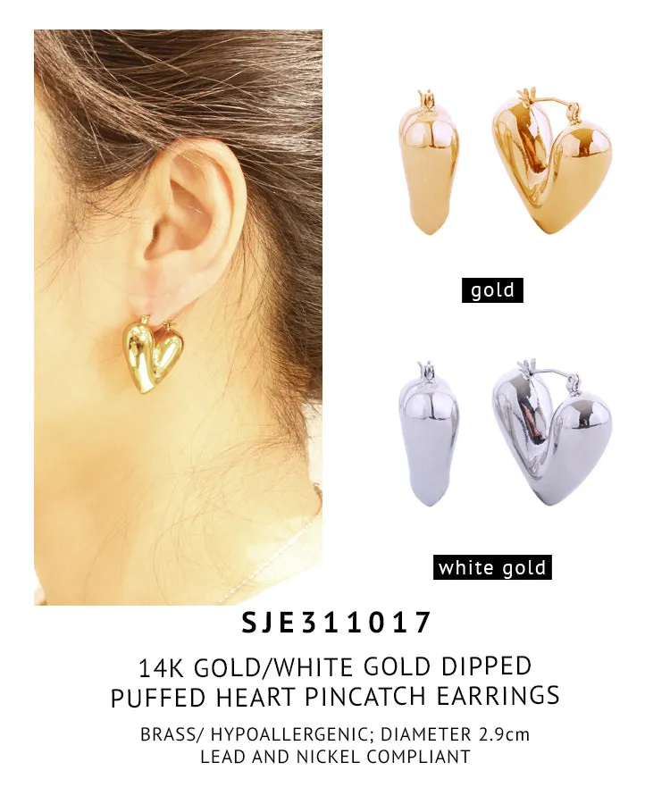 14K Gold Dipped Puffed Heart Pincatch Earrings