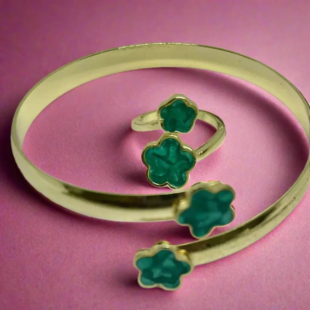 14k golden plated, green color, Clover complete Jewellery set (5pcs)