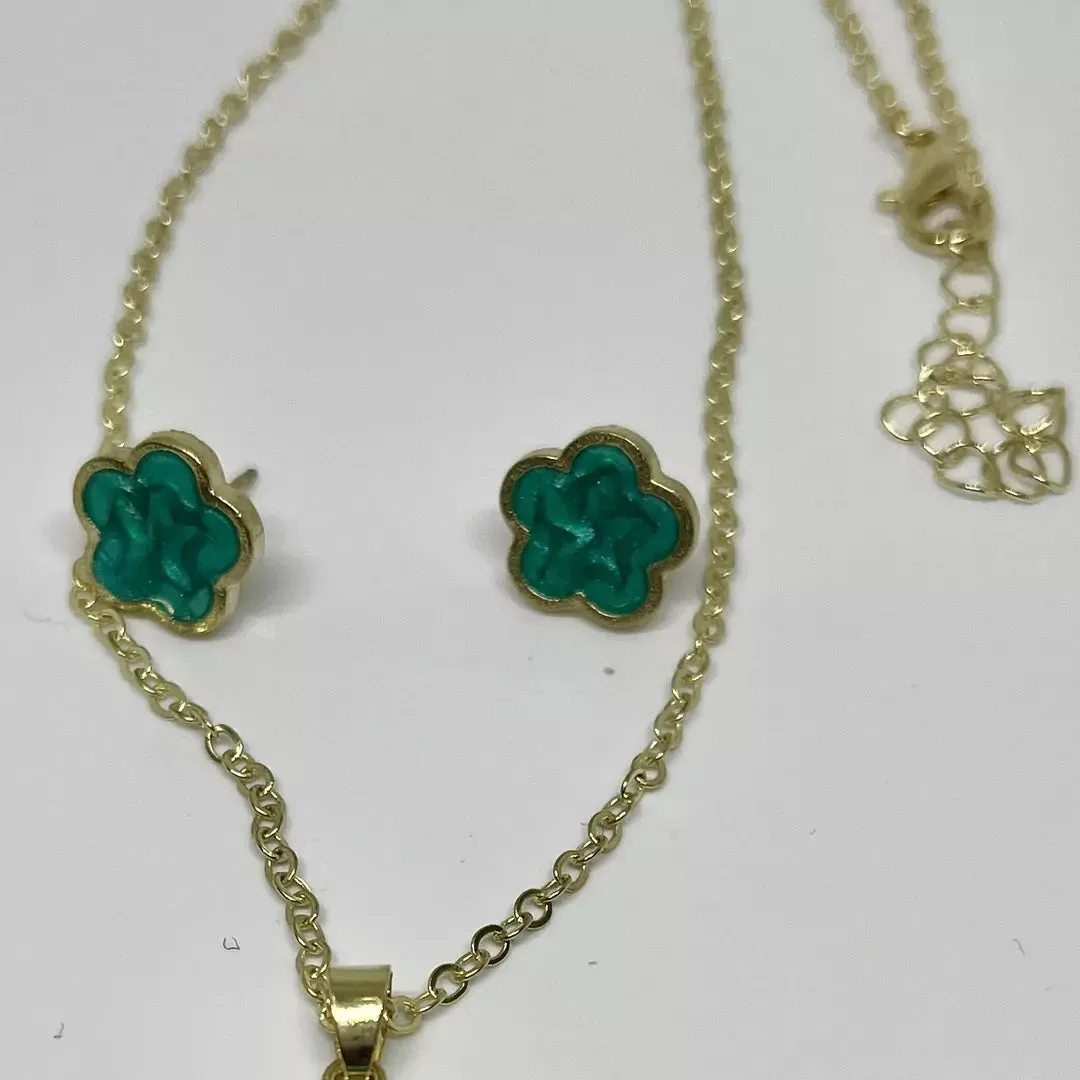 14k golden plated, green color, Clover complete Jewellery set (5pcs)