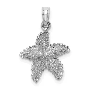 14K White Gold Open Back Solid Texture Polished Finish Beaded Design Starfish Charm Pendant