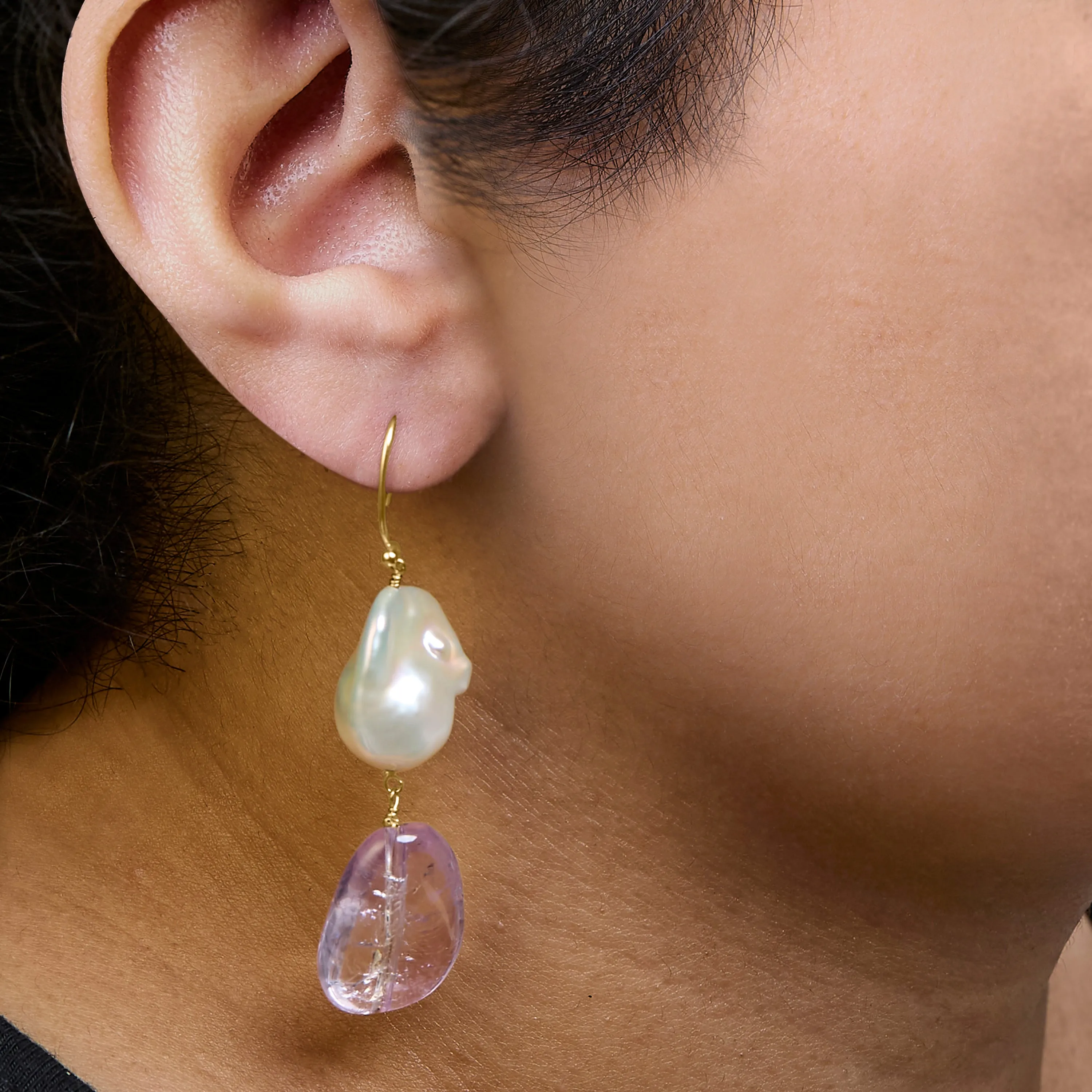 14K Yellow Gold Amethyst and Baroque Pearl Drop and Dangle Earrings 2" Inch Dangle Length