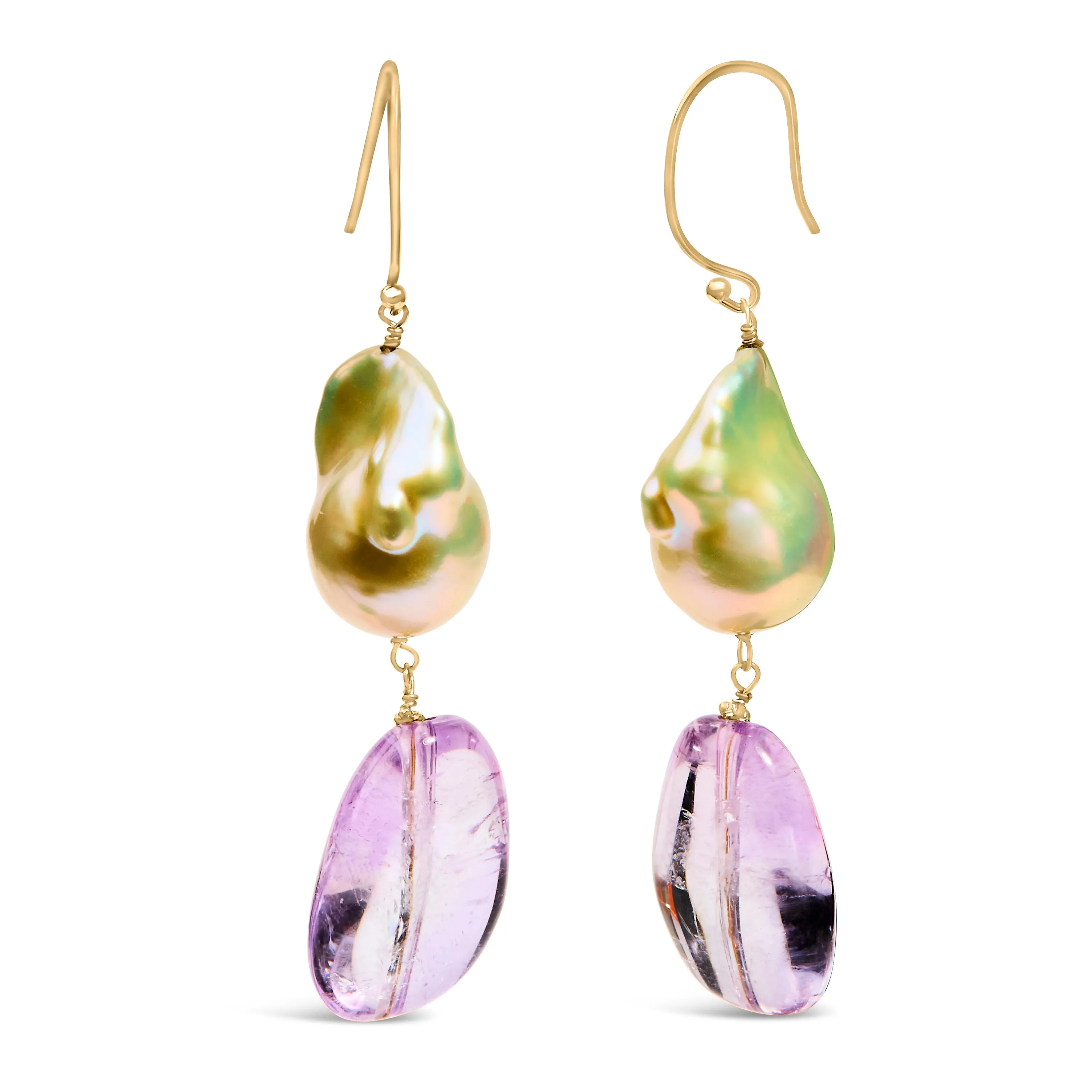 14K Yellow Gold Amethyst and Baroque Pearl Drop and Dangle Earrings 2" Inch Dangle Length