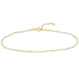 14K Yellow Gold White Enamel Bead Station 2mm Adjustable Chain Anklet with Spring Ring, 10 inches