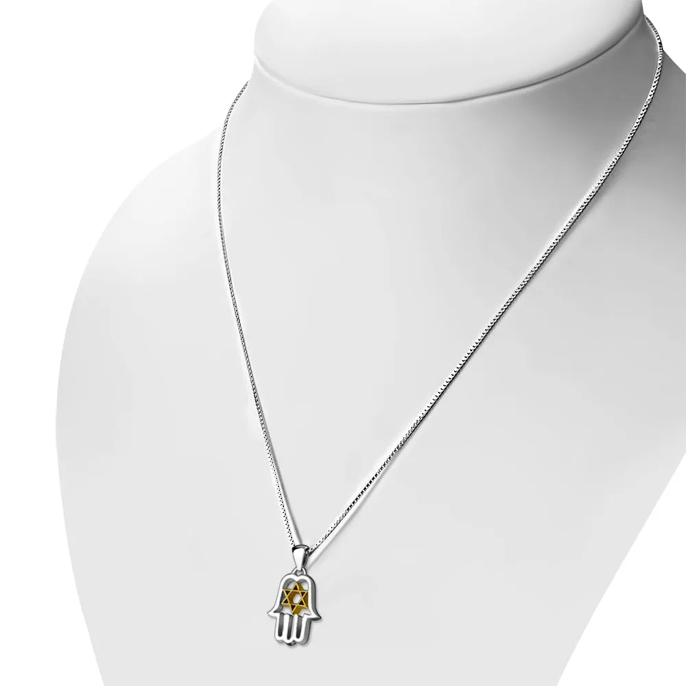 18K Gold plated Hamsa & Star David Silver Pendant