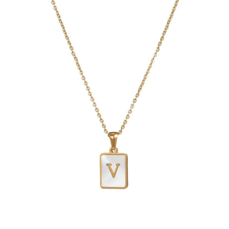 18K Golden Chain Necklaces Male Square Natural Shell Initial Letters Pendant Stainless Steel Jewelry