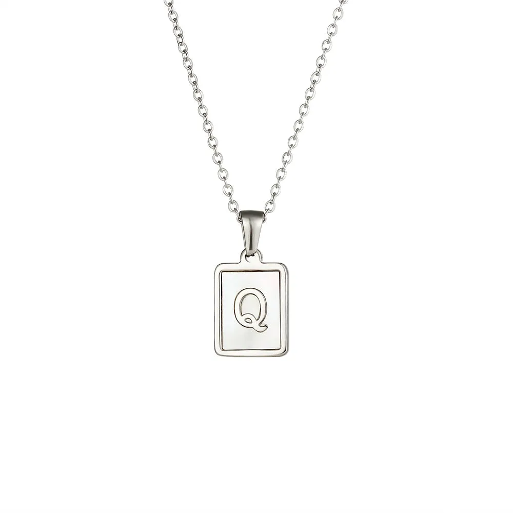 18K Golden Chain Necklaces Male Square Natural Shell Initial Letters Pendant Stainless Steel Jewelry