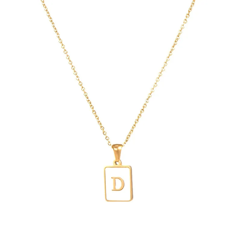 18K Golden Chain Necklaces Male Square Natural Shell Initial Letters Pendant Stainless Steel Jewelry