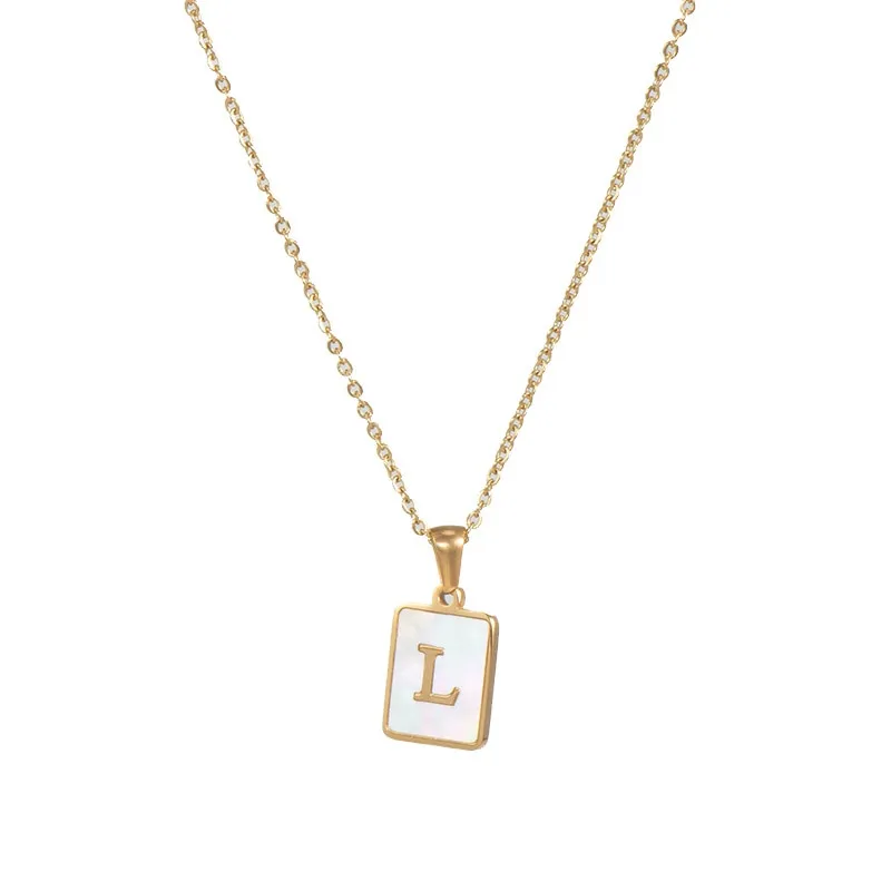 18K Golden Chain Necklaces Male Square Natural Shell Initial Letters Pendant Stainless Steel Jewelry