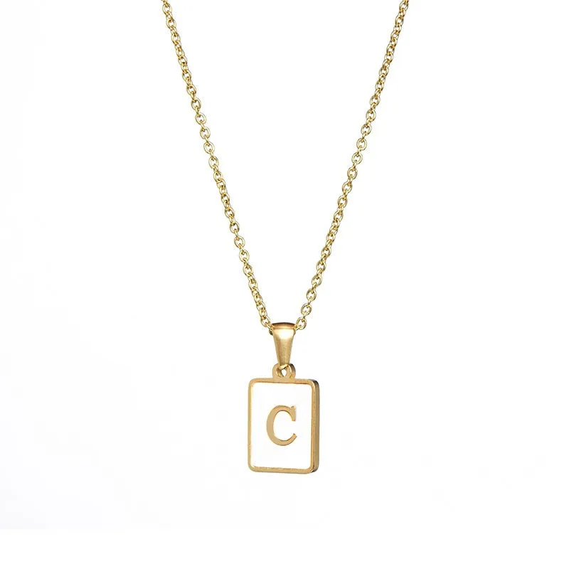 18K Golden Chain Necklaces Male Square Natural Shell Initial Letters Pendant Stainless Steel Jewelry