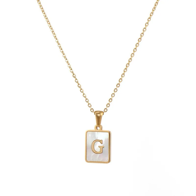 18K Golden Chain Necklaces Male Square Natural Shell Initial Letters Pendant Stainless Steel Jewelry