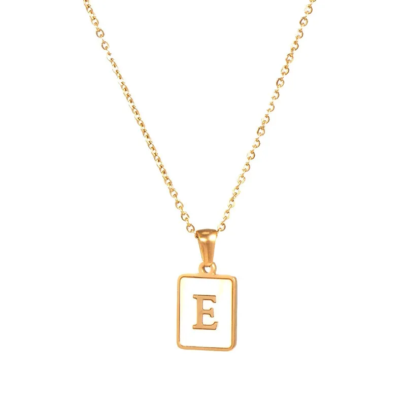 18K Golden Chain Necklaces Male Square Natural Shell Initial Letters Pendant Stainless Steel Jewelry