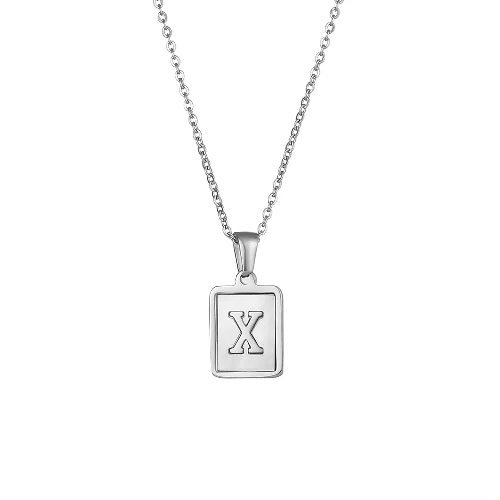 18K Golden Chain Necklaces Male Square Natural Shell Initial Letters Pendant Stainless Steel Jewelry