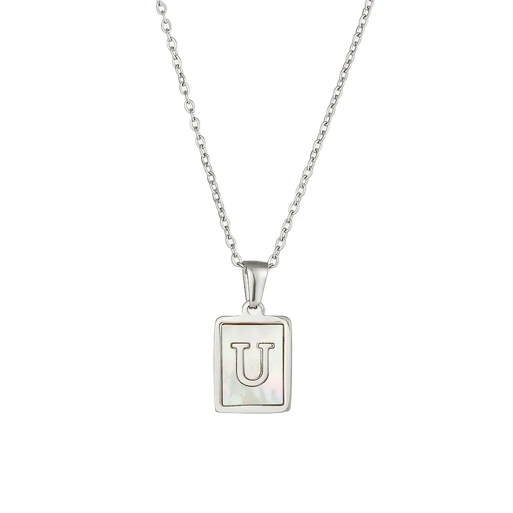 18K Golden Chain Necklaces Male Square Natural Shell Initial Letters Pendant Stainless Steel Jewelry