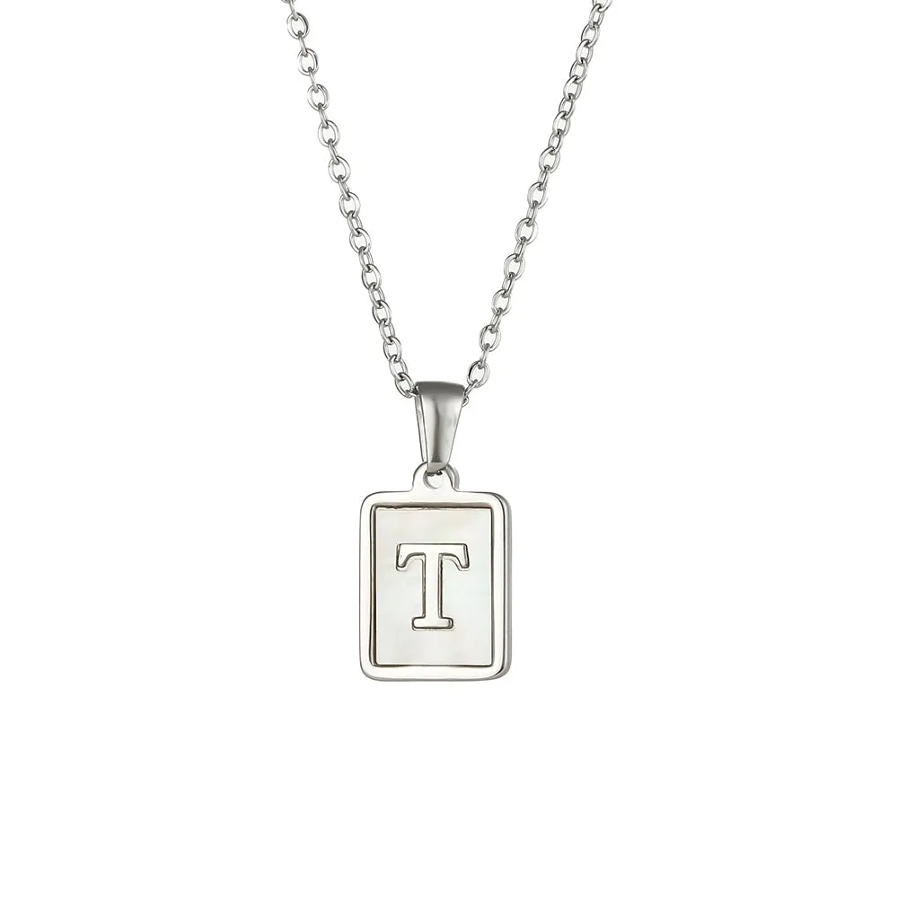 18K Golden Chain Necklaces Male Square Natural Shell Initial Letters Pendant Stainless Steel Jewelry