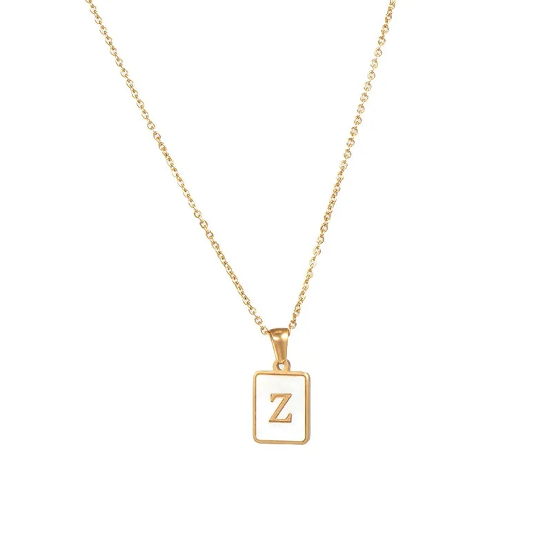 18K Golden Chain Necklaces Male Square Natural Shell Initial Letters Pendant Stainless Steel Jewelry