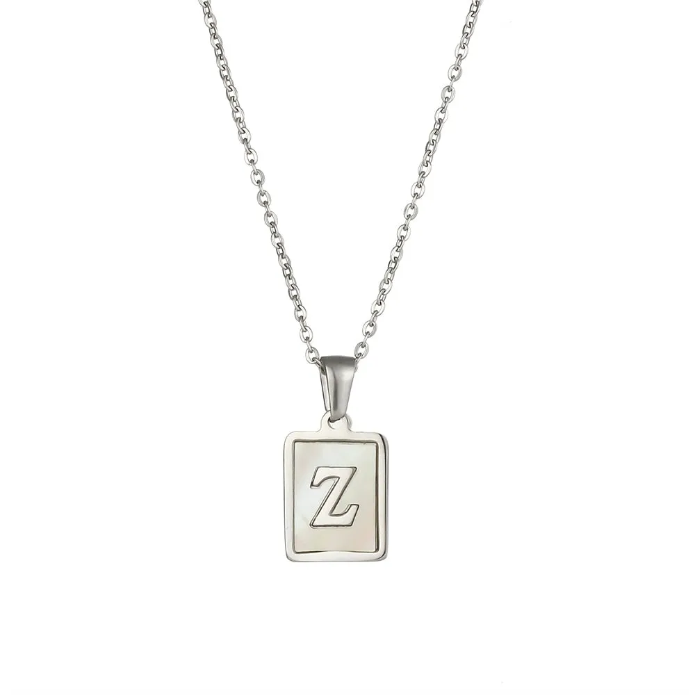 18K Golden Chain Necklaces Male Square Natural Shell Initial Letters Pendant Stainless Steel Jewelry