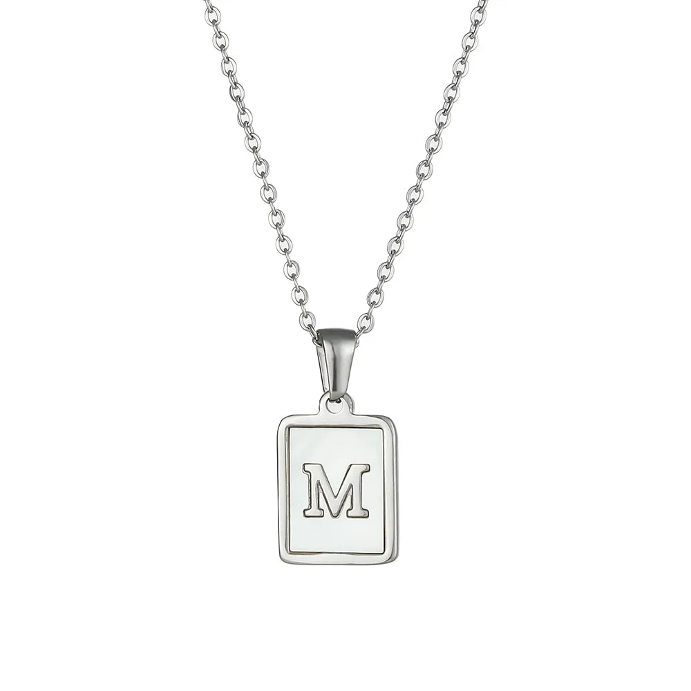 18K Golden Chain Necklaces Male Square Natural Shell Initial Letters Pendant Stainless Steel Jewelry