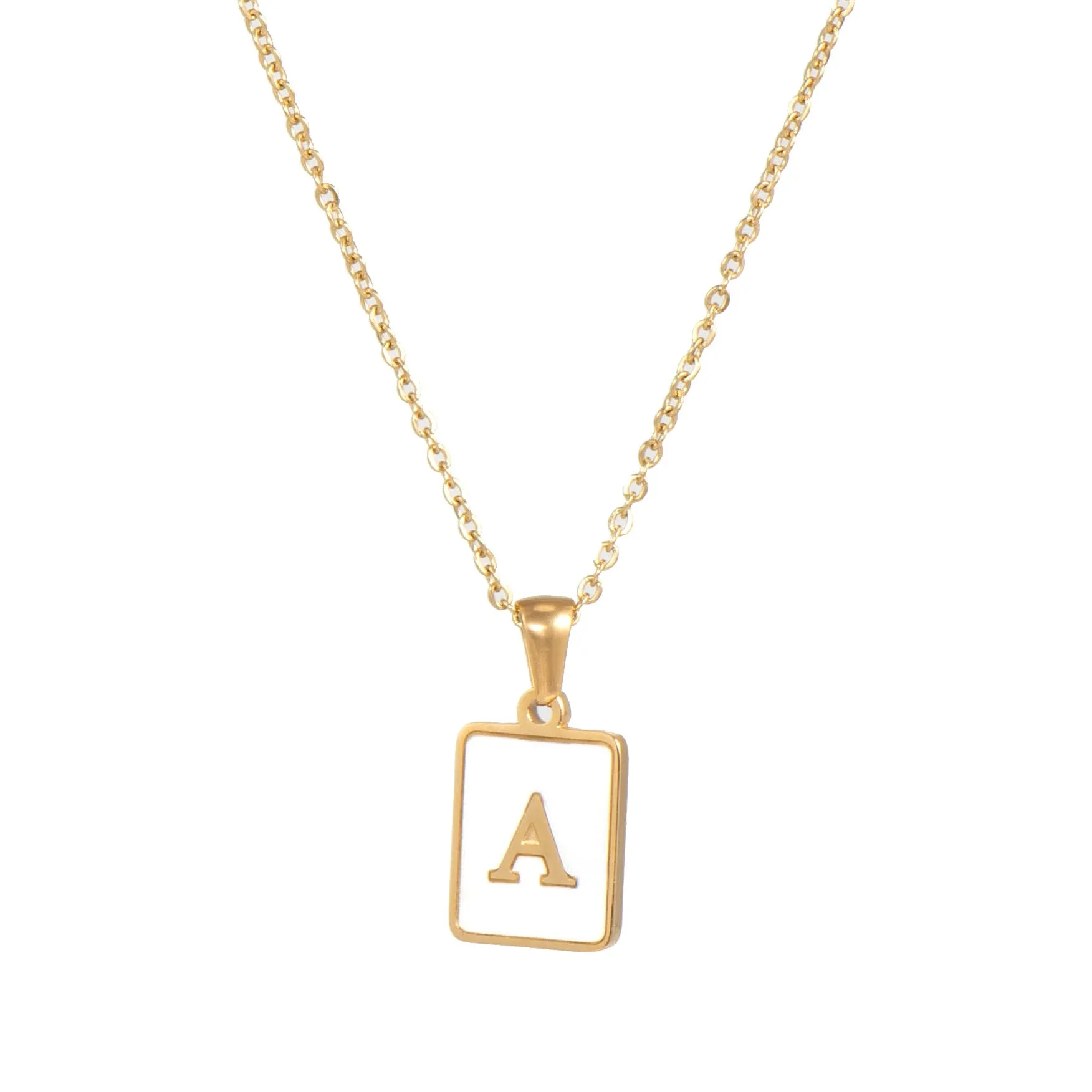 18K Golden Chain Necklaces Male Square Natural Shell Initial Letters Pendant Stainless Steel Jewelry