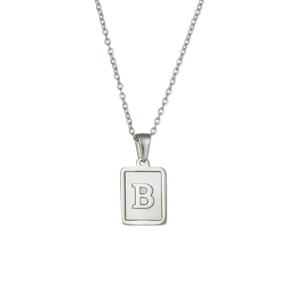 18K Golden Chain Necklaces Male Square Natural Shell Initial Letters Pendant Stainless Steel Jewelry