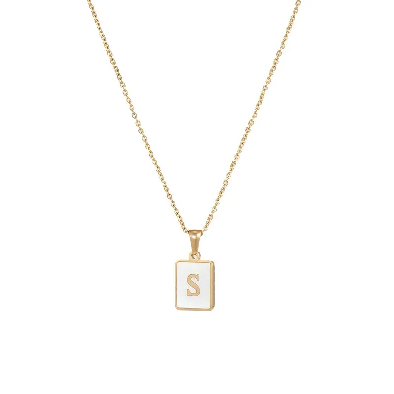 18K Golden Chain Necklaces Male Square Natural Shell Initial Letters Pendant Stainless Steel Jewelry