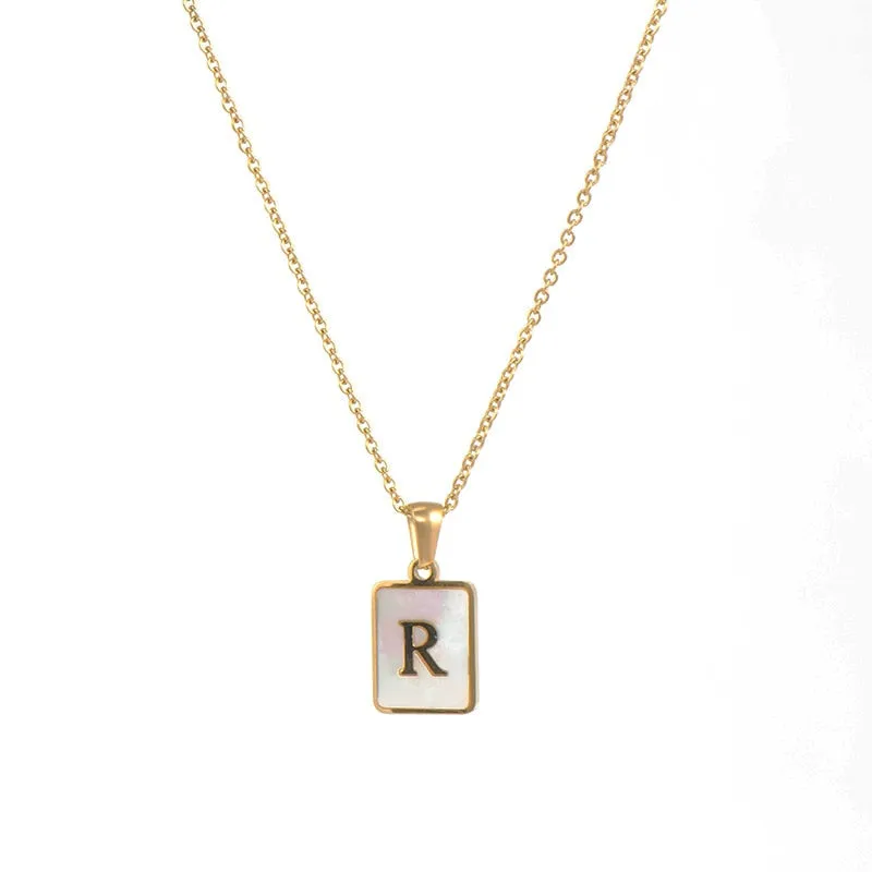 18K Golden Chain Necklaces Male Square Natural Shell Initial Letters Pendant Stainless Steel Jewelry