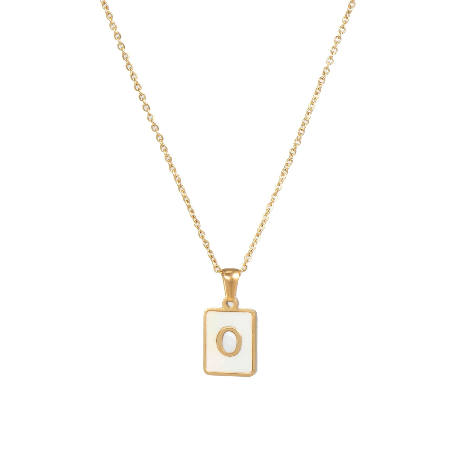 18K Golden Chain Necklaces Male Square Natural Shell Initial Letters Pendant Stainless Steel Jewelry