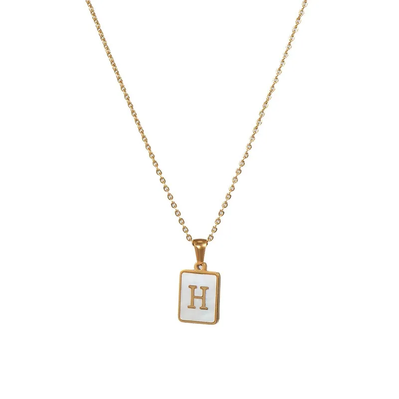 18K Golden Chain Necklaces Male Square Natural Shell Initial Letters Pendant Stainless Steel Jewelry