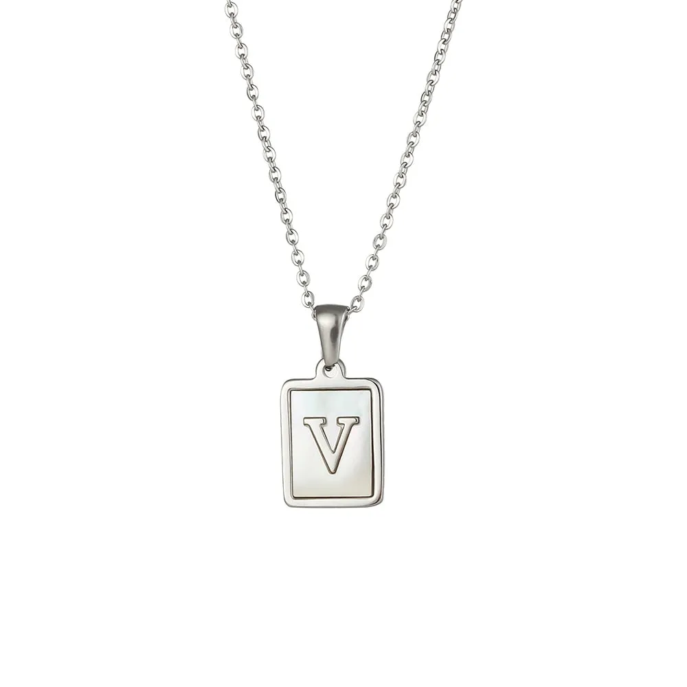 18K Golden Chain Necklaces Male Square Natural Shell Initial Letters Pendant Stainless Steel Jewelry