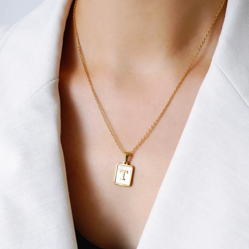 18K Golden Chain Necklaces Male Square Natural Shell Initial Letters Pendant Stainless Steel Jewelry