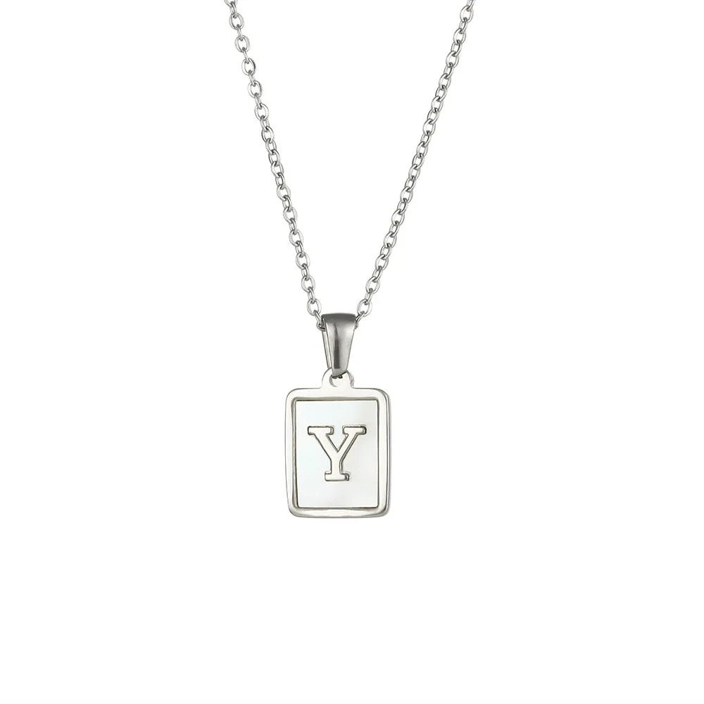 18K Golden Chain Necklaces Male Square Natural Shell Initial Letters Pendant Stainless Steel Jewelry