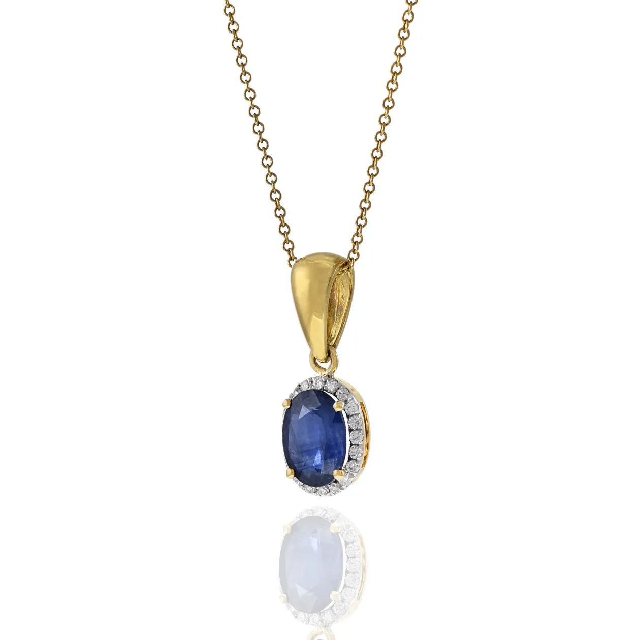 18KT Yellow Gold Oval Blue Sapphire And Diamond Pendant Necklace