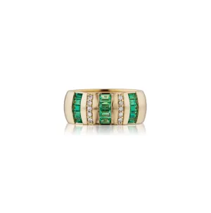 18KY Vertical Emeralds and Diamond Ring