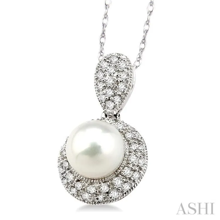 6.5 MM Cultured Pearl and 1/4 Ctw Single Cut Diamond Pendant in 14K White Gold with Chain