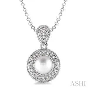 6.5x6.5 MM Cultured Pearl and 1/20 Ctw Single Cut Diamond Pendant in Sterling Silver with Chain