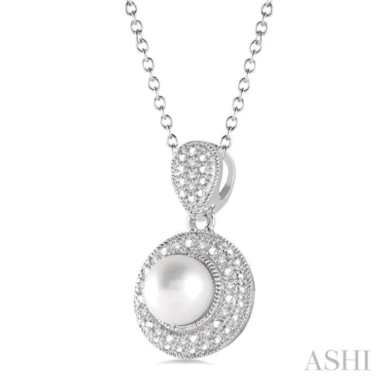 6.5x6.5 MM Cultured Pearl and 1/20 Ctw Single Cut Diamond Pendant in Sterling Silver with Chain