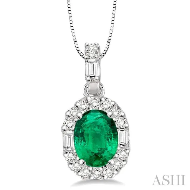 6x4 MM Oval Shape Emerald and 1/4 Ctw Diamond Precious Pendant in 14K White Gold with Chain