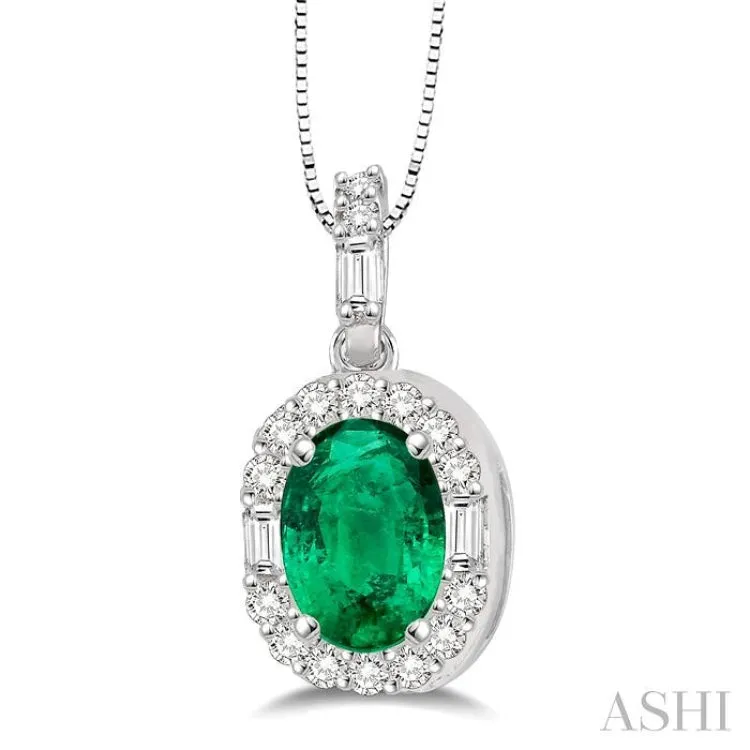 6x4 MM Oval Shape Emerald and 1/4 Ctw Diamond Precious Pendant in 14K White Gold with Chain