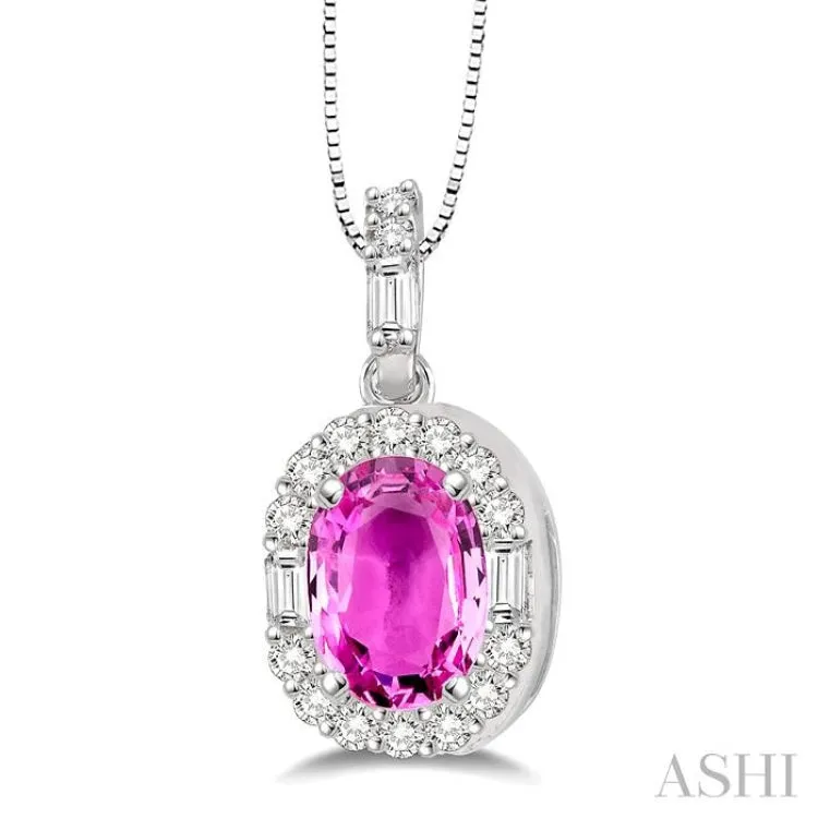 6x4 MM Oval Shape Pink Sapphire and 1/4 Ctw Diamond Pendant in 14K White Gold with Chain