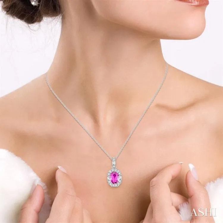 6x4 MM Oval Shape Pink Sapphire and 1/4 Ctw Diamond Pendant in 14K White Gold with Chain