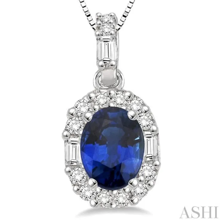 6x4 MM Oval Shape Sapphire and 1/4 Ctw Diamond Pendant in 14K White Gold with Chain