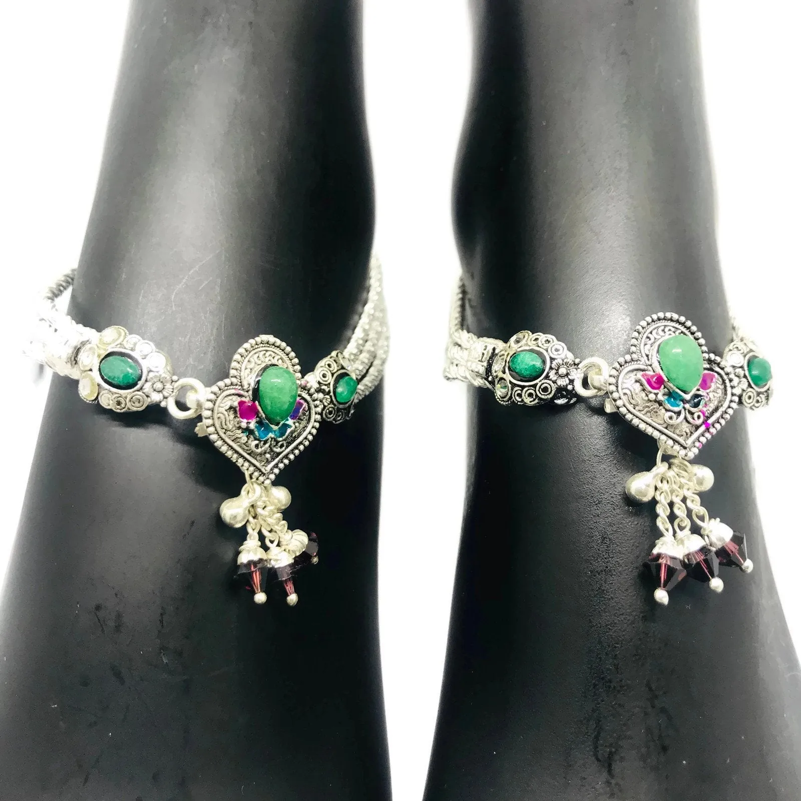 700 Silver Anklet / Pajeb / Payal with Meena & Bells  - #09