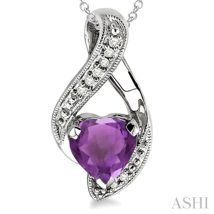 7x7 MM Heart Shape Amethyst and 1/20 Ctw Single Cut Diamond Pendant in Sterling Silver with Chain