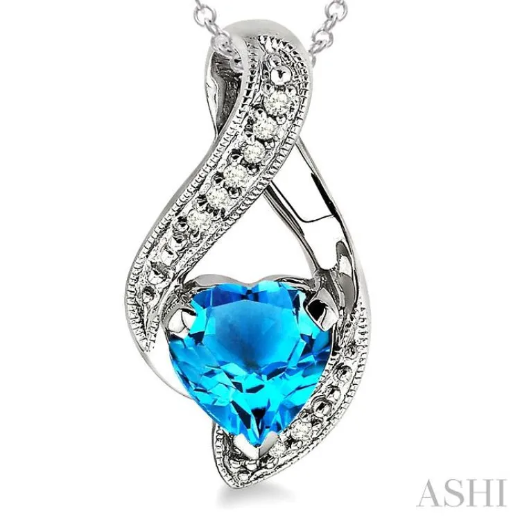 7x7 MM Heart Shape Blue Topaz and 1/20 Ctw Single Cut Diamond Pendant in Sterling Silver with Chain