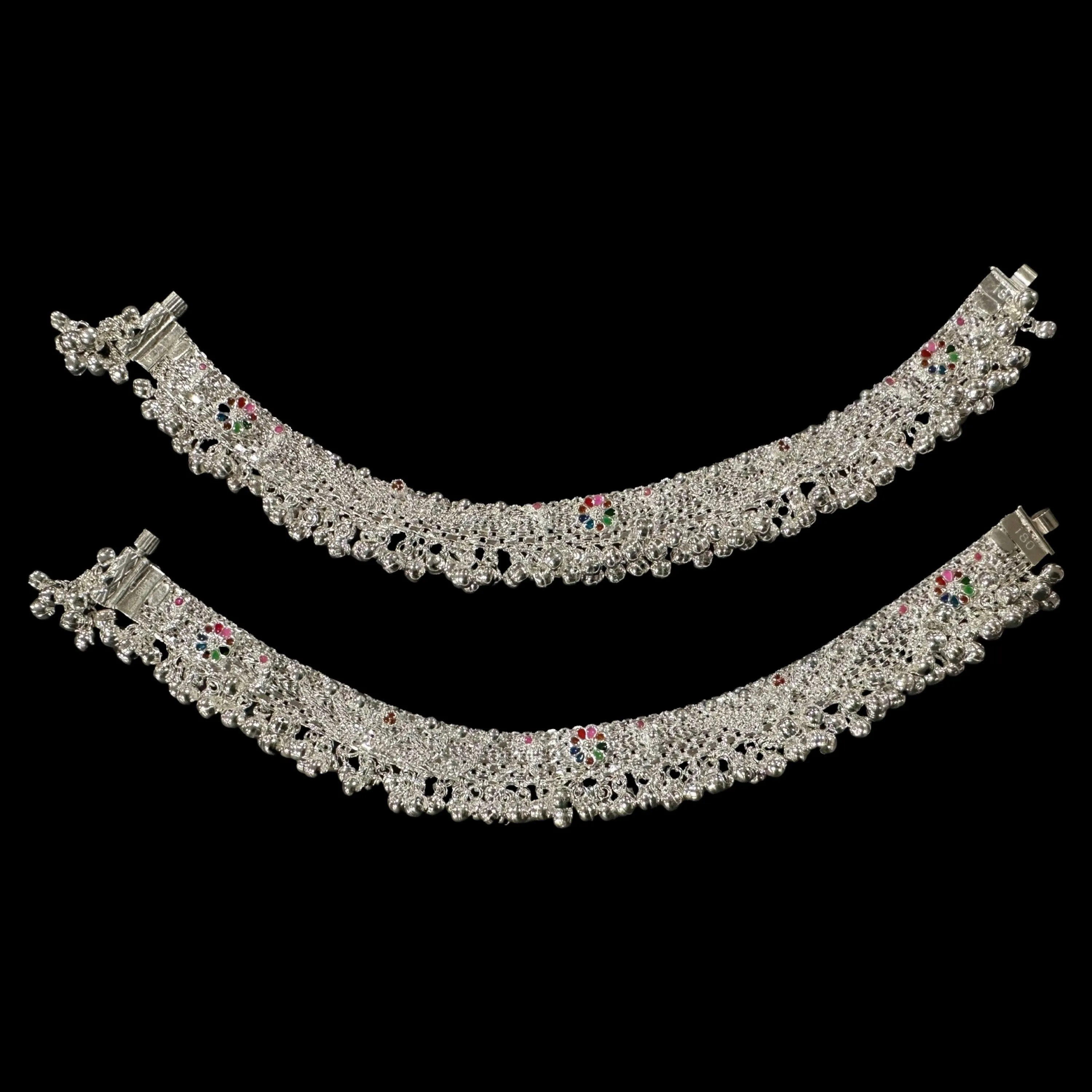 800 Silver Rajwada Hallmarked Pajeb Anklet with Meena & Bells - Style #07