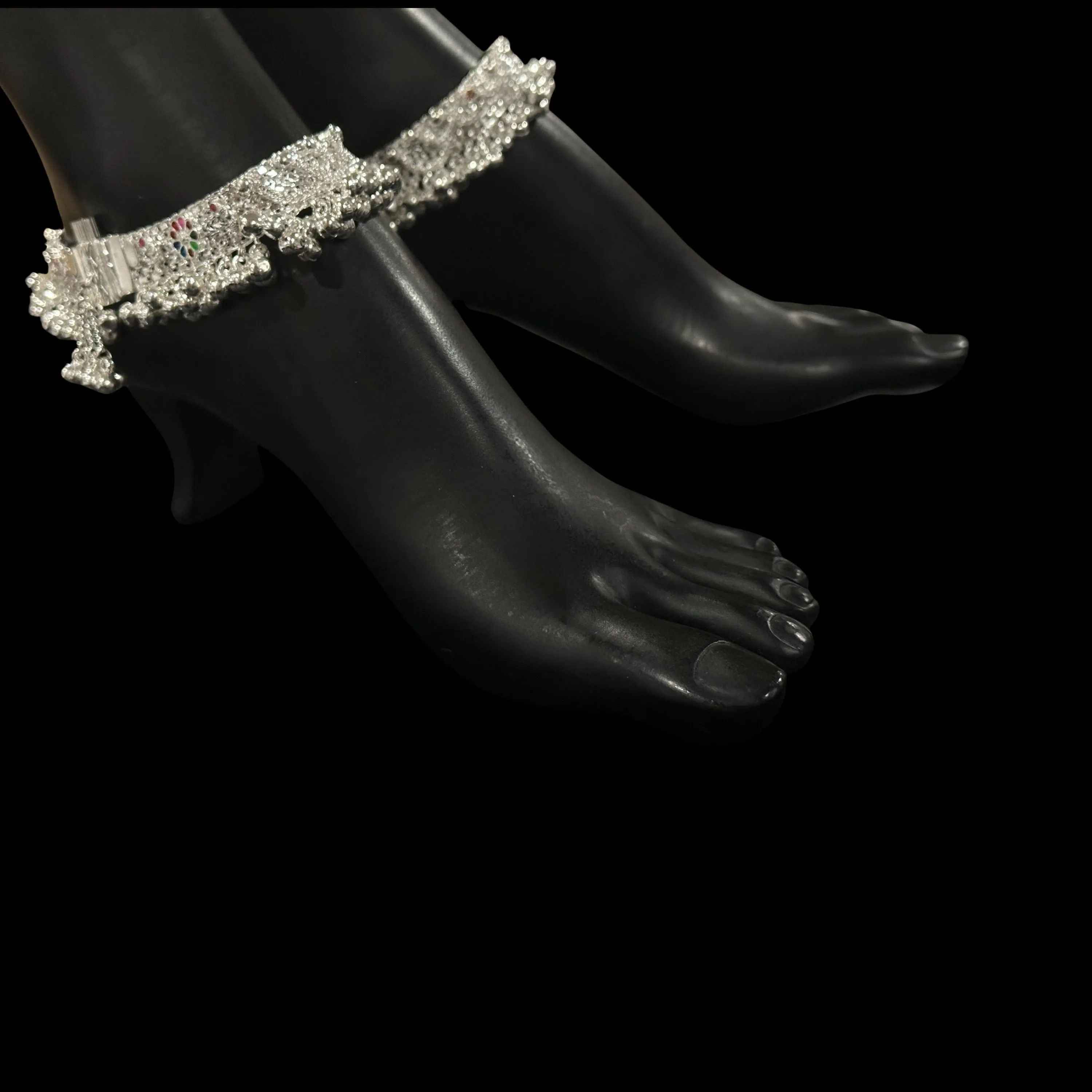 800 Silver Rajwada Hallmarked Pajeb Anklet with Meena & Bells - Style #07