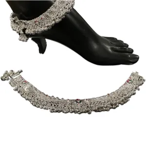 800 Silver Rajwada Hallmarked Pajeb Anklet with Meena & Bells - Style #07